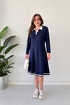 Lacivert Midi Polo Yaka Uzun Kollu Biyeli Modal Elbise