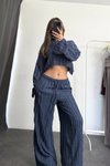 Lacivert Ters Dikiş İspanyol Kol Crop Ve Pantolon İkili Takım