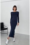 Navy Blue Long Sleeve Modal Fabric Side Slit Dress