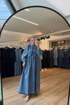 Mavi Önden Kurdale Bağlamalı Denim Kumaş Tesettür Elbise
