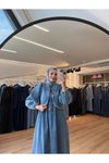 Mavi Önden Kurdale Bağlamalı Denim Kumaş Tesettür Elbise