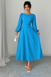 Blue Long Pearl Detail Round Neck Princess Sleeve Waist Cut-out Self-belted Crepe Fabric Dress
