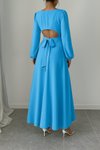 Mavi Uzun İnci Detay Yuvarlak Yaka Prenses Kol Bel Dekolteli Kendinden Kuşaklı Krep Kumaş Elbise