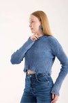 Mavi Yırtıklı Füme Triko Crop Kazak