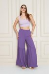 Mor Paçası Büzgü Detaylı Aerobin Kumaş Beli Lastikli Rahat Kesim Pantolon