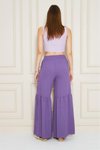 Mor Paçası Büzgü Detaylı Aerobin Kuma ş Beli Lastikli Rahat Kesim Pantolon