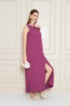 Mor Uzun Mürdüm Sıfır Kol Aerobin Kumaş A Kesim Yırtmaçlı Yazlık Elbise