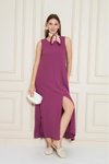 Mor Uzun Mürdüm Sıfır Kol Aerobin Kumaş A Kesim Yırtmaçlı Yazlık Elbise