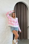 Pembe Baklava Desen Yumoş Polo Yaka Kazak