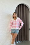 Pembe Baklava Desen Yumoş Polo Yaka Kazak