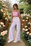 Pink Relaxed Fit Wide-Leg Poplin Pants with Pockets, Drawstring Waist, and Broderie Anglaise Detail