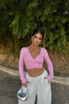 Pembe Kruvaze Yaka Scuba Crop Bluz