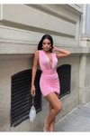 Pembe Mini Farklı Bağlamalı Büzgülü Abiye Elbise