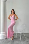 Pembe Uzun Sırt Dekolteli Askılı Likralı Esnek Kumaş Abiye Elbise
