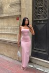 Pembe Uzun Zirkonyum Taşlı Straplez Abiye Elbise