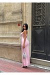 Pembe Uzun Zirkonyum Taşlı Straplez Abiye Elbise