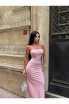 Pembe Uzun Zirkonyum Taşlı Straplez Abiye Elbise