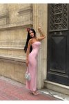 Pembe Uzun Zirkonyum Taşlı Straplez Abiye Elbise