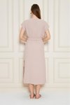 Pudra Midi Kruvaze Yaka Cepli Derin Yırtmaçlı Beli Lastikli Aerobin Yazlık Elbise