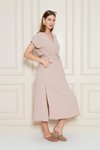 Pudra Midi Kruvaze Yaka Cepli Derin Yırtmaçlı Beli Lastikli Aerobin Yazlık Elbise