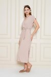Pudra Midi Kruvaze Yaka Cepli Derin Yırtmaçlı Beli Lastikli Aerobin Yazlık Elbise