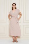 Pudra Midi Kruvaze Yaka Cepli Derin Yırtmaçlı Beli Lastikli Aerobin Yazlık Elbise