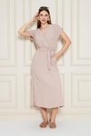 Pudra Midi Kruvaze Yaka Cepli Derin Yırtmaçlı Beli Lastikli Aerobin Yazlık Elbise