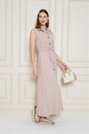 Pudra Uzun Aerobin – Gömlek Yaka Kemerli Yandan Cepli Elbise