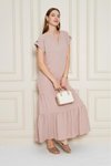 Pudra Uzun Eteği Fırfırlı Kısa Kol Apolet Detaylı Salaş Rahat Elbise