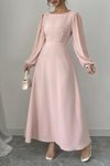 Pudra Uzun İnci Detay Yuvarlak Yaka Prenses Kol Bel Dekolteli Kendinden Kuşaklı Krep Kumaş Elbise