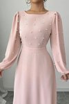 Pudra Uzun İnci Detay Yuvarlak Yaka Prenses Kol Bel Dekolteli Kendinden Kuşaklı Krep Kumaş Elbise