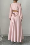 Pudra Uzun İnci Detay Yuvarlak Yaka Prenses Kol Bel Dekolteli Kendinden Kuşaklı Krep Kumaş Elbise