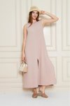 Pudra Uzun Sıfır Kol Aerobin Kumaş A Kesim Yırtmaçlı Yazlık Elbise