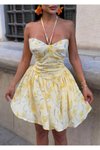 Sarı Mini Çiçek Desenli Büstiyer Detaylı Halter Elbise