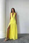 Sarı Uzun Halter Yaka Esnek Kumaş Abiye Elbise