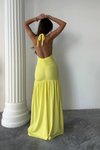 Sarı Uzun Halter Yaka Esnek Kumaş Abiye Elbise