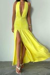 Sarı Uzun Halter Yaka Esnek Kumaş Abiye Elbise