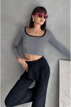 Siyah Beyaz Çizgili U Yaka Uzun Kol Crop