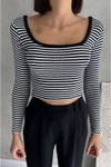 Siyah Beyaz Çizgili U Yaka Uzun Kol Crop