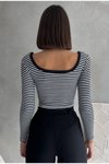 Siyah Beyaz Çizgili U Yaka Uzun Kol Crop