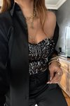Siyah Gümüş Kadife Payetli Straplez Büstiyer