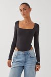 Black Square Neck Long Sleeve Soft Textured Snap-Button Bodysuit Blouse