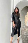 Siyah Midi Deri Yırtmaçlı Fermuar Detay Elbise