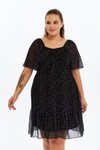Siyah Midi Puantiyeli Lastik Belli Dokuma Şifon Astarlı Büyük Beden Elbise