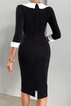 Siyah Midi Uzun Kollu Kontrastlı Kenar Detaylı Kol Düğmeli A Kesim Krep Kumaş Elbise
