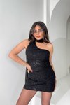 Siyah Mini Payetli Tek Omuzlu Fularlı Abiye Elbise
