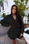Siyah Mini %100 Pamuk Bağlama Detaylı Kat Müslin Elbise