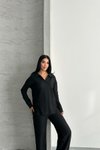 Black Cotton Polo Neck Two-Piece Set