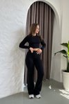 Siyah Parmak Geçmeli Basic Crop İspanyol Paça Tayt İkili Takım