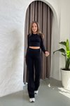 Siyah Parmak Geçmeli Basic Crop İspanyol Paça Tayt İkili Takım